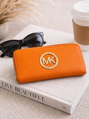 Michael Kors Orange Leather Zip Wallet with Gold MK Emblem